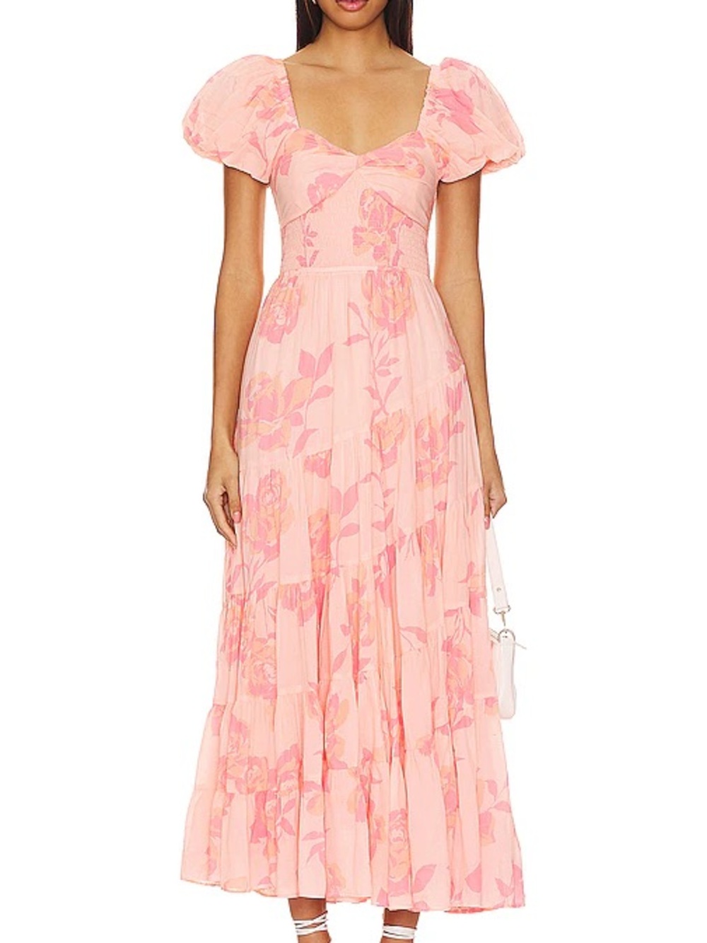 Free People Blush Pink Floral Puff-Sleeve Maxi Dress